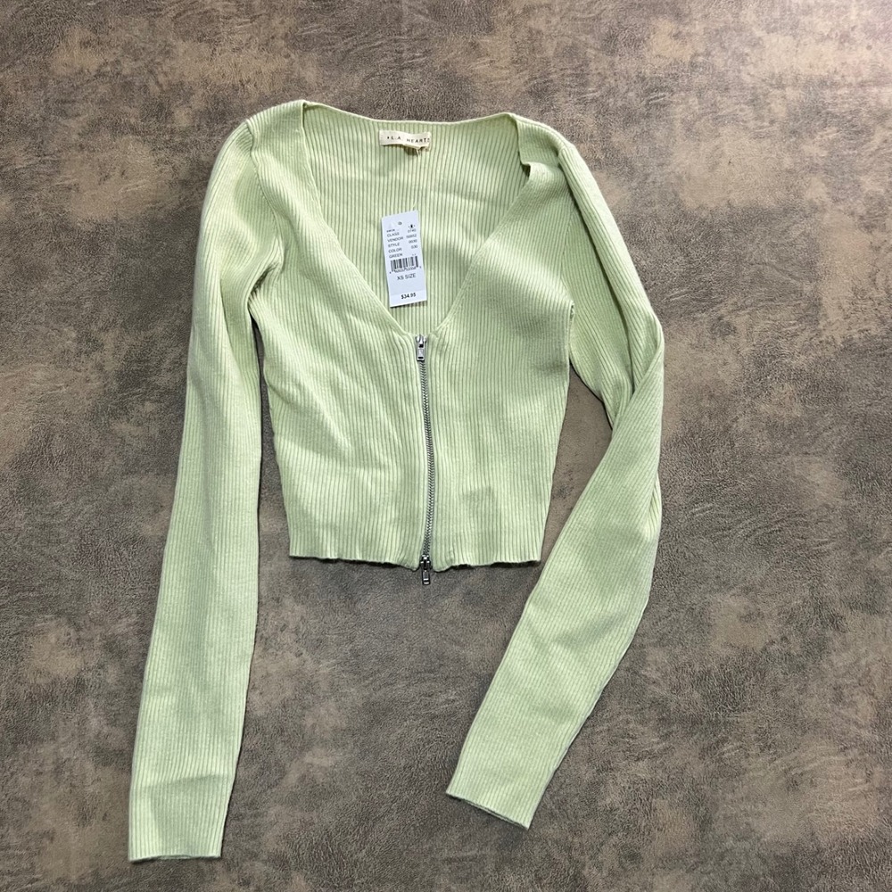 L.A. Hearts Zip Up Cardigan Sweater Womens XS‎ Green Ribbed Knit V-Neck Cropped